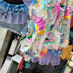 Fashion Hem Burrs Denim Jacket Women Sequins Mesh Lantern Sleeve Big Pocket Cowboy Outerwear Loose Short Jeans Jackets Female Aiertu