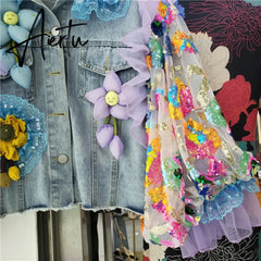Fashion Hem Burrs Denim Jacket Women Sequins Mesh Lantern Sleeve Big Pocket Cowboy Outerwear Loose Short Jeans Jackets Female Aiertu