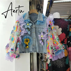 Fashion Hem Burrs Denim Jacket Women Sequins Mesh Lantern Sleeve Big Pocket Cowboy Outerwear Loose Short Jeans Jackets Female Aiertu