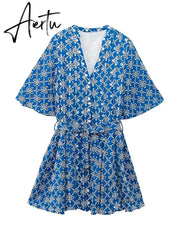 Fashion Hollow Belt Shirt Style Short Dresses Vintage V-neck Half Sleeve Mini Dress Summer New Streetwear Vacation Vestidos Aiertu