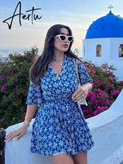 Fashion Hollow Belt Shirt Style Short Dresses Vintage V-neck Half Sleeve Mini Dress Summer New Streetwear Vacation Vestidos Aiertu