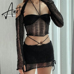 Fashion Hollow Out Knitting Top and Skirt Elegant Outfits for Women Summer Hot Halter Matching Set Co-Ord Bandage Aiertu