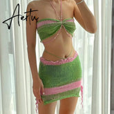 Fashion Hollow Out Knitting Top and Skirt Elegant Outfits for Women Summer Hot Halter Matching Set Co-Ord Bandage Aiertu