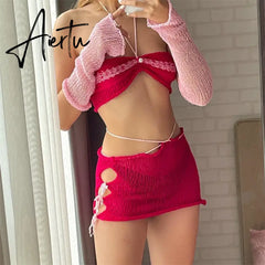 Fashion Hollow Out Knitting Top and Skirt Elegant Outfits for Women Summer Hot Halter Matching Set Co-Ord Bandage Aiertu