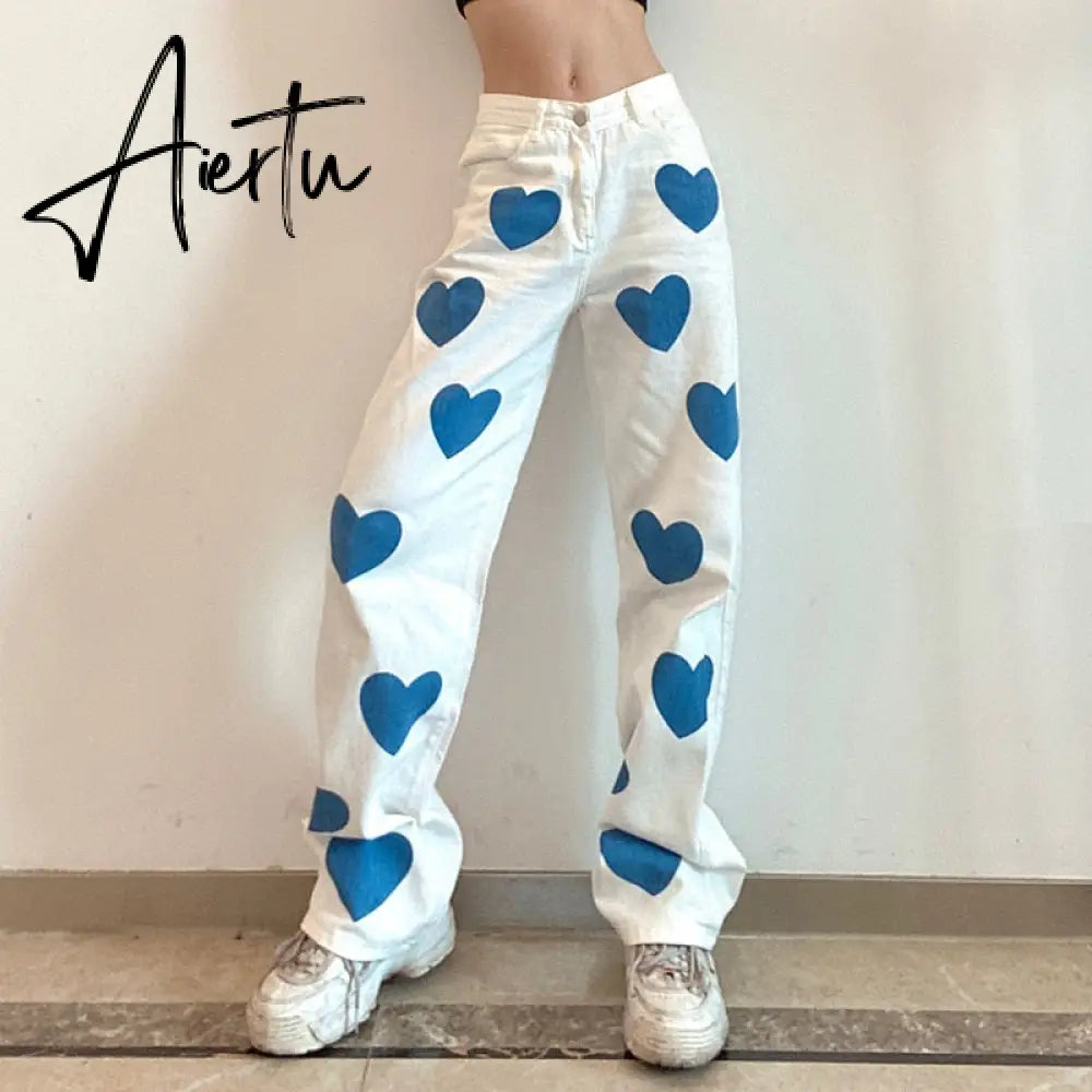 Fashion love printed color pants jeans contrast high waist straight leg jeans casual pants woman Aiertu