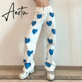 Fashion love printed color pants jeans contrast high waist straight leg jeans casual pants woman Aiertu
