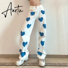 Fashion love printed color pants jeans contrast high waist straight leg jeans casual pants woman Aiertu