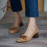 Fashion Newest Women Shoes Spring Thick Heels Pumps for Women Genuine Leather Kid Suede Office Lady Party Shoes for Women Aiertu