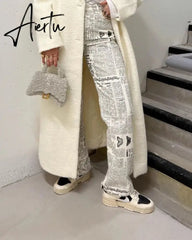 Fashion Newspaper Letter Printed Straight Denim Pants New Streetwear High Waist All-Match Jeans for Women Trousers Aiertu