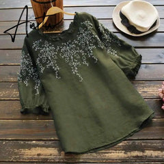 Aiertu Fashion O Neck Cotton Tunic Women's Summer Blouse Causal Half Sleeve Tee Shirts Female Embroidery Tops Aiertu