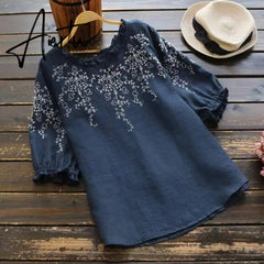 Aiertu Fashion O Neck Cotton Tunic Women's Summer Blouse Causal Half Sleeve Tee Shirts Female Embroidery Tops Aiertu