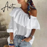 Fashion Off Shoulder Tops Women's Summer Ruffle Blouses Casual Female Solid Shirt Flounce Blusas Chemise Aiertu