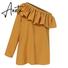 Fashion Off Shoulder Tops Women's Summer Ruffle Blouses Casual Female Solid Shirt Flounce Blusas Chemise Aiertu