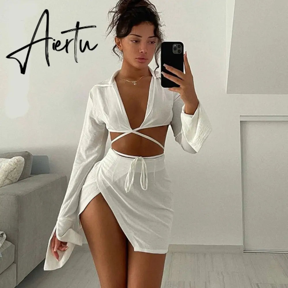 Fashion Outfits Bandage Tie Front Top and Skirt Sets Women Fall Matching Set Split Skirt Club Party Clothes Aiertu