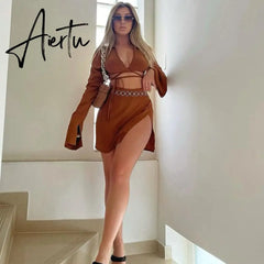 Fashion Outfits Bandage Tie Front Top and Skirt Sets Women Fall Matching Set Split Skirt Club Party Clothes Aiertu