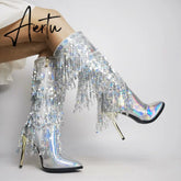Fashion Pointed Toe Fringe Sequined Mid Calf Boots For Women Zip Metallic Glitter Sexy Elegant Dress Long Shoes Aiertu