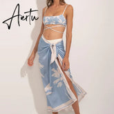 Fashion Print Beach Swimsuit Set Two-piece with Summer Dresses for Women Separate Bandeau String Lace Up bikinis Cover-ups Aiertu