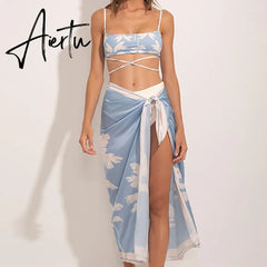Fashion Print Beach Swimsuit Set Two-piece with Summer Dresses for Women Separate Bandeau String Lace Up bikinis Cover-ups Aiertu