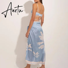 Fashion Print Beach Swimsuit Set Two-piece with Summer Dresses for Women Separate Bandeau String Lace Up bikinis Cover-ups Aiertu