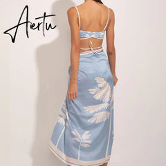 Fashion Print Beach Swimsuit Set Two-piece with Summer Dresses for Women Separate Bandeau String Lace Up bikinis Cover-ups Aiertu