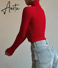 Fashion Ribbed Knit Cut Out Tops Elegant Long Sleeve Sexy Slim Turtleneck Autumn Tops Tees Pullovers Streetwear Aiertu
