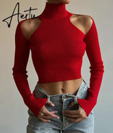 Fashion Ribbed Knit Cut Out Tops Elegant Long Sleeve Sexy Slim Turtleneck Autumn Tops Tees Pullovers Streetwear Aiertu