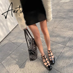Fashion Sandals Women New High Real Genuine Leather Square Head Slim Strap Buckle Roman Style High Heels Summer Versatile Aiertu