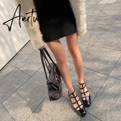 Fashion Sandals Women New High Real Genuine Leather Square Head Slim Strap Buckle Roman Style High Heels Summer Versatile Aiertu