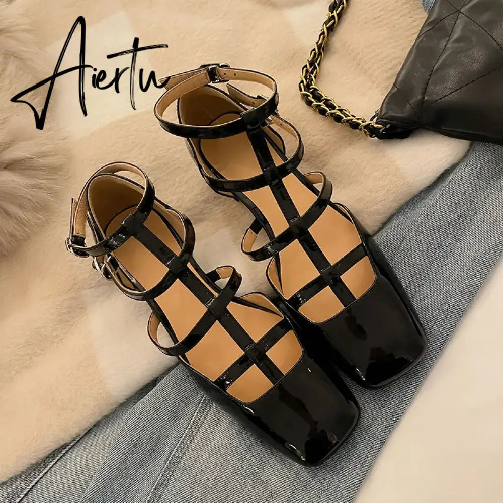 Fashion Sandals Women New High Real Genuine Leather Square Head Slim Strap Buckle Roman Style High Heels Summer Versatile Aiertu