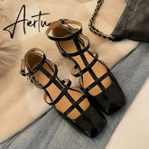 Fashion Sandals Women New High Real Genuine Leather Square Head Slim Strap Buckle Roman Style High Heels Summer Versatile Aiertu