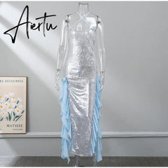 Fashion Sequin Split Spaghetti Strap Dress Women Sexy Slim Flower Decoration Ruffle Maxi Dresses Lady Blue Beach Party Dress Aiertu