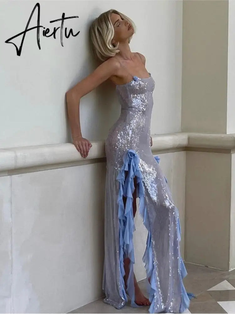 Fashion Sequin Split Spaghetti Strap Dress Women Sexy Slim Flower Decoration Ruffle Maxi Dresses Lady Blue Beach Party Dress Aiertu