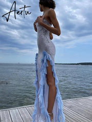 Fashion Sequin Split Spaghetti Strap Dress Women Sexy Slim Flower Decoration Ruffle Maxi Dresses Lady Blue Beach Party Dress Aiertu
