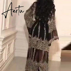Fashion Sequins Mesh Mopping Maxi Dress French Vintage Belt Women Club Dress Elegant O Neck Flare Sleeve Lace Evening Dress Aiertu