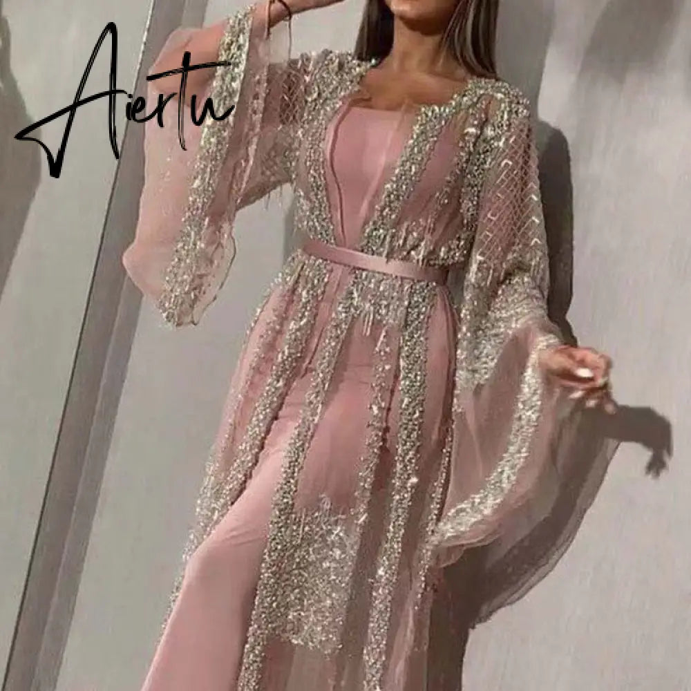 Fashion Sequins Mesh Mopping Maxi Dress French Vintage Belt Women Club Dress Elegant O Neck Flare Sleeve Lace Evening Dress Aiertu