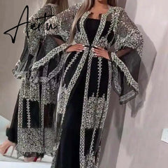 Fashion Sequins Mesh Mopping Maxi Dress French Vintage Belt Women Club Dress Elegant O Neck Flare Sleeve Lace Evening Dress Aiertu