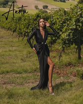 Fashion Sexy Deep V Neck Maxi Dress Gown Elegant Outfits for Women Party Club Long Sleeve Split Dresses Ruched Aiertu