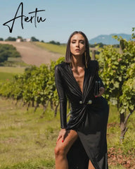 Fashion Sexy Deep V Neck Maxi Dress Gown Elegant Outfits for Women Party Club Long Sleeve Split Dresses Ruched Aiertu