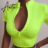 Fashion Sexy Slim Fit Zipper T-shirt For Women Deep V neck Solid Color Bustier Corset Cropped Tops Summer Clothes Aiertu