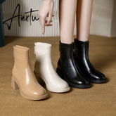 Fashion Short Boots Women's Autumn and Winter New Round Head Zipper Thick Heel Leather Boots High Heel Botines Chelsea Aiertu