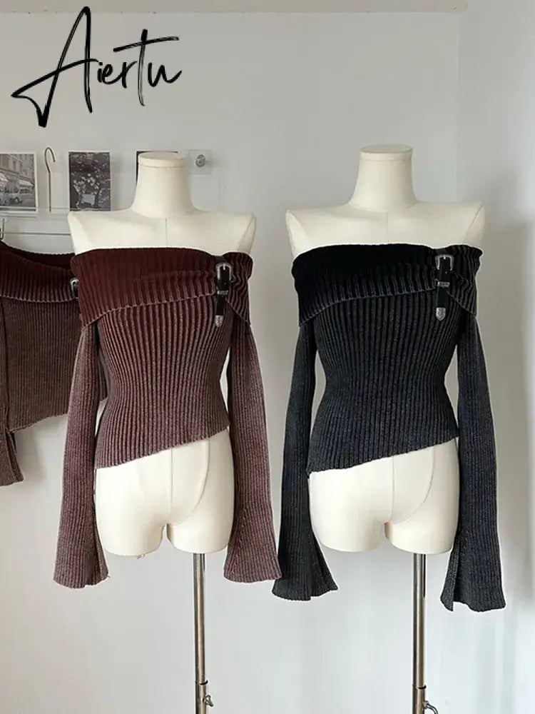 Fashion Simple Classical Knitted Sweater Slash Neck Off Shoulder Long Sleeve Pullovers Flare Sleeve Autumn Winter Y2K Streetwear Aiertu