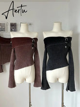 Fashion Simple Classical Knitted Sweater Slash Neck Off Shoulder Long Sleeve Pullovers Flare Sleeve Autumn Winter Y2K Streetwear Aiertu