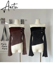 Fashion Simple Classical Knitted Sweater Slash Neck Off Shoulder Long Sleeve Pullovers Flare Sleeve Autumn Winter Y2K Streetwear Aiertu