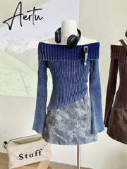 Fashion Simple Classical Knitted Sweater Slash Neck Off Shoulder Long Sleeve Pullovers Flare Sleeve Autumn Winter Y2K Streetwear Aiertu