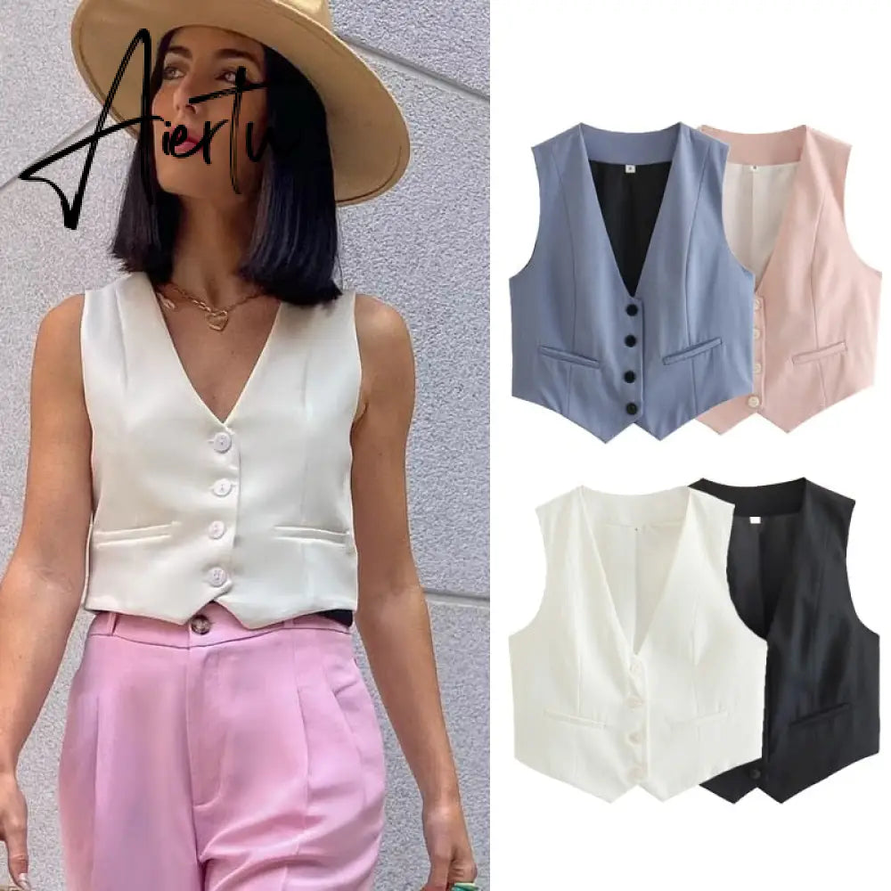 Fashion Single Breasted Sleeveless Cropped Vest Casual V-neck Pocket Short Vests Women Summer Simple Streetwear Coat Tops Aiertu