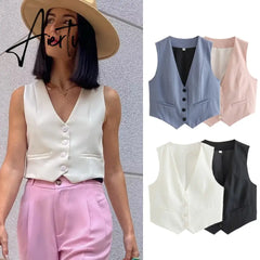 Fashion Single Breasted Sleeveless Cropped Vest Casual V-neck Pocket Short Vests Women Summer Simple Streetwear Coat Tops Aiertu