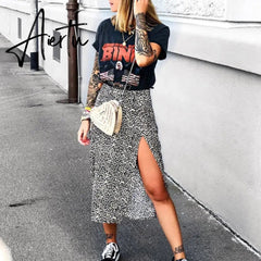 Fashion Skirt Women Cross-Border Women's Leopard Print Skirts Women High Waist Elastic Split midi A- line Skirt Streetwear Aiertu