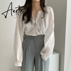 Fashion Temperament Long Sleeve Thin Shirt Women Chic Solid Color Blouse Spring Autumn Loose Shirts Tops Aiertu