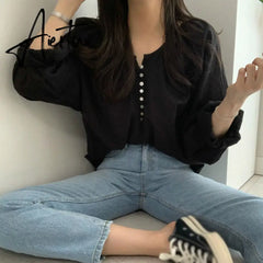 Fashion Temperament Long Sleeve Thin Shirt Women Chic Solid Color Blouse Spring Autumn Loose Shirts Tops Aiertu