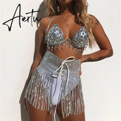 Fashion There 3 Piece Set Women Sexy Halter Shiny Diamante Bra Crop Top High Cut Short Tassel Bandage Skirt Clubwear 3 Pcs Set Aiertu